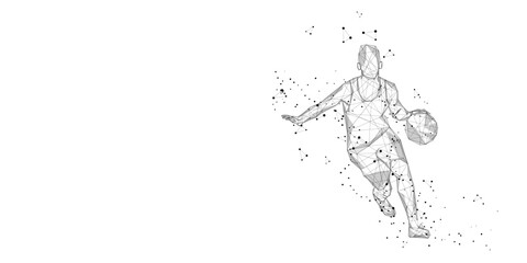 Fototapeta na wymiar lonely basketball player on white background Abstract slam dunk movement low poly wireframe digital vector illustration slam dunk jump