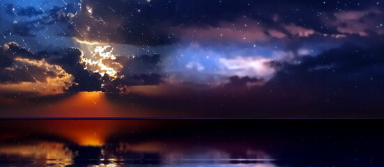 Fototapeta na wymiar dramatic starry night at sea star fall water reflection on horizon dark bright lilac blue background banner template