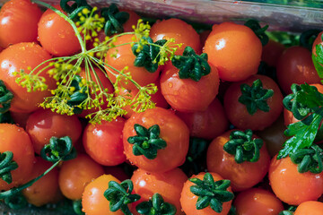 Red tomatoes with water droplets lie in the basket of the autumn harvest. - 528489095