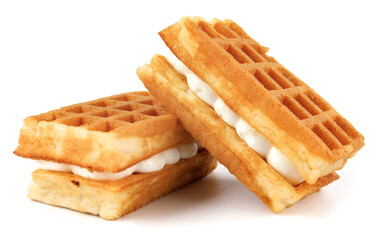Viennese waffles with cream isolated on white background.