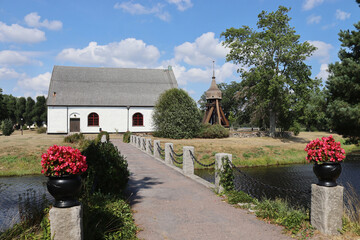The 18th century church and bell tower of Vissefjärda, in the Emmaboda Municipality of Småland in...