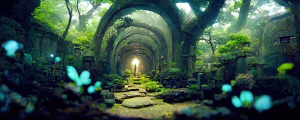 Fantastic atmosphere of the ruins and the light and nature that shines through. Generative AI Technology - obrazy, fototapety, plakaty
