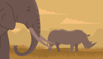 African elephant and rhinoceros. Large herbivorous mammal. Zoo wild animal. Wild savanna landscape. Wildlife and zoo. Nature and fauna. Cartoon vector illustration