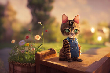 Illustration 3d Cute tiny 3d cat in the backyard - obrazy, fototapety, plakaty