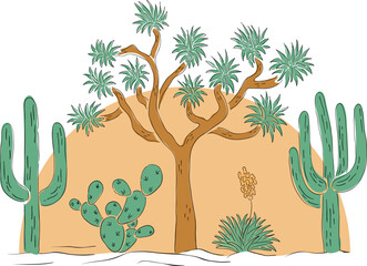 Desert Hand Drawn Flat Cartoon Vector Illustration - obrazy, fototapety, plakaty