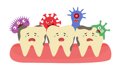 Caries tooth with bacteria cartoon character in flat design. Dental cavity problem.