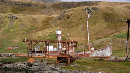 Beached whaling ship, the Petrel, at the old whaling station at Grytviken, South Georgia Islands - obrazy, fototapety, plakaty
