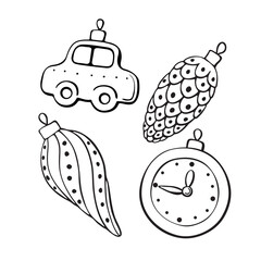 Set of vector contoured glass toys, decorations for xmas tree, doodle style. Clipart for Merry Christmas and New Year