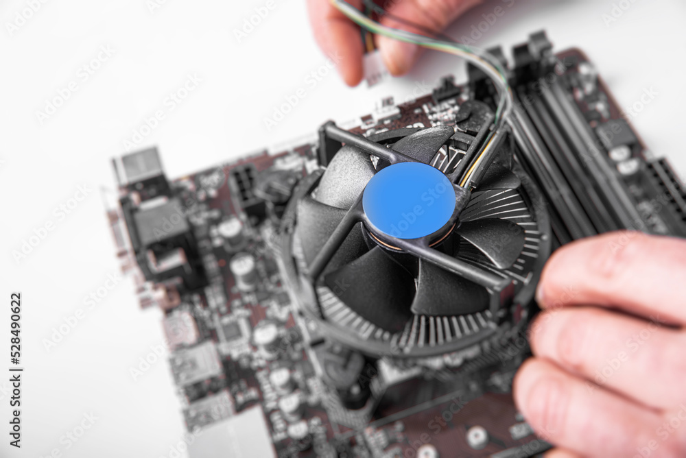 Poster installing central processor unit into computer motherboard.