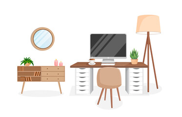 Cozy workplace with houseplants. Modern interior for home office with computer, cabinet, remote work, freelance, education. Vector illustration in flat cartoon style. Comfortable workspace and room.