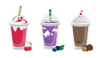 Set of colorful milkshakes in cartoon style. Vector illustration of summer refreshing drinks with cherries, blueberries and chocolate on white background.