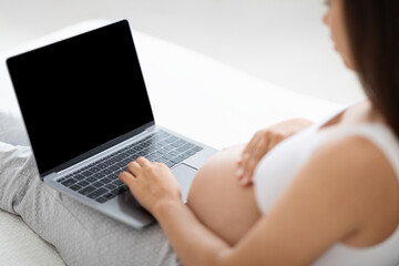 Fototapeta premium Pregnant lady using laptop computer, sitting on bed, mockup