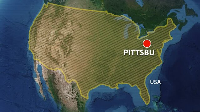 Designation of the borders the United States of America on the map and the mark of the location of the city of Pittsburgh