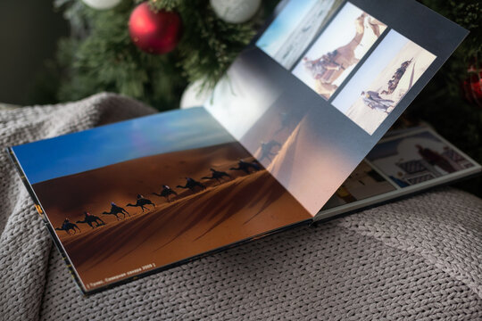 photo book about traveling near the Christmas tree