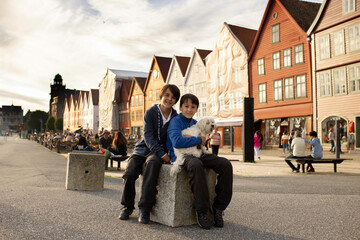 People, children enjoying the amazing views in Norway to fjords, mountains and other beautiful nature