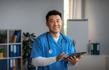 Smiling middle aged japanese male doctor with tablet and wait patient in clinic office interior