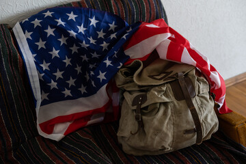 Memorial Day, military backpack with usa flag.