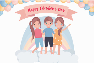 Children Protection Day. Happy children with balloons stand on the clouds under the rainbow.Baner or flyer ready for printing.Vector illustration