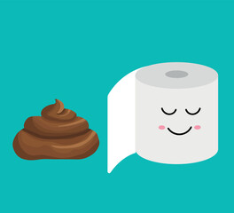 Roll of toilet paper and pile of dog poop in flat cartoon style. Funny excrement art.