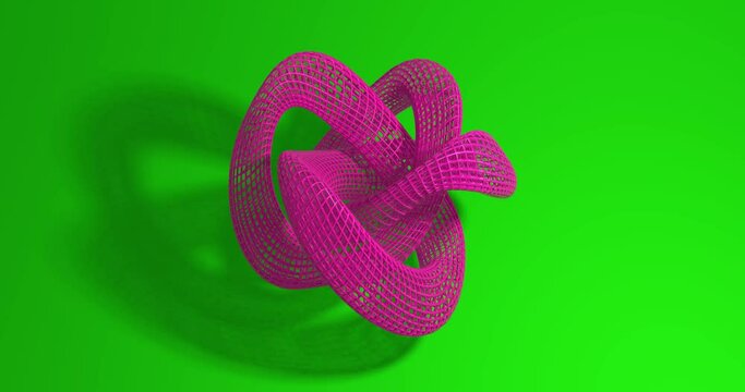 Animation of deformation of a knotted toroid. Pink toroid grid on a green background. Chromakey. 3d render.