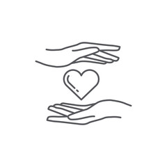 Heart in hand icon. Symbol of love and charity. hand and love icon design. hand and heart linear drawn style. Vector illustration