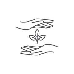 Hand and Plant icon design. plant leaf Pictogram. seed and hand linear logo. Tree in hand vector. Vector illustration