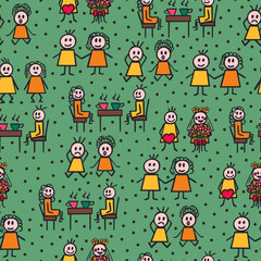 Cartoon hand drawn sticks man and woman in different poses set. Doodle colorful vectors. Green seamless background. Pattern, fabric, wrapping paper, textile.