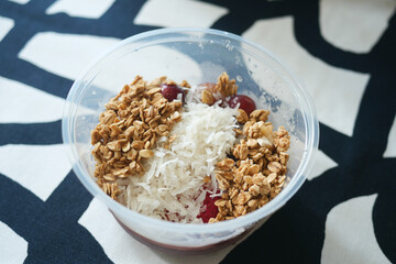 a bowl of breakfast cereal on table 