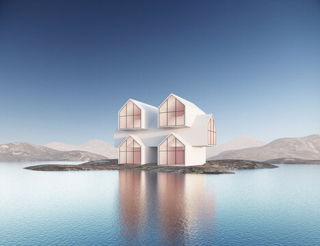 Futuristic house concept on a blue background. 3d rendering