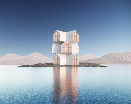 Futuristic house concept on a blue background. 3d rendering
