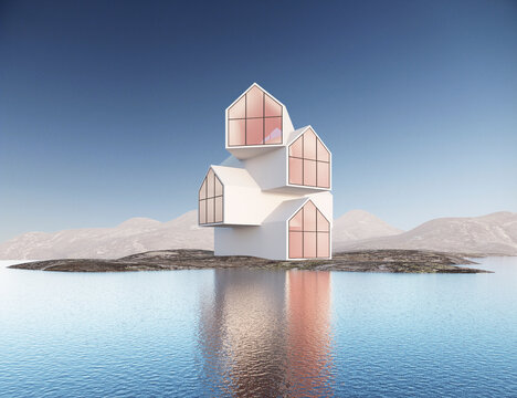 Futuristic house concept on a blue background. 3d rendering