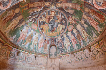 Ancient fresco paintings in Three cross church. Goreme, Cappadocia, Turkey