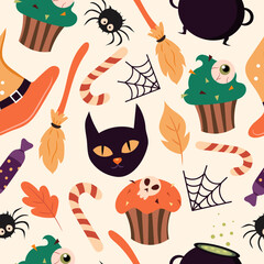 Seamless pattern with halloween decor