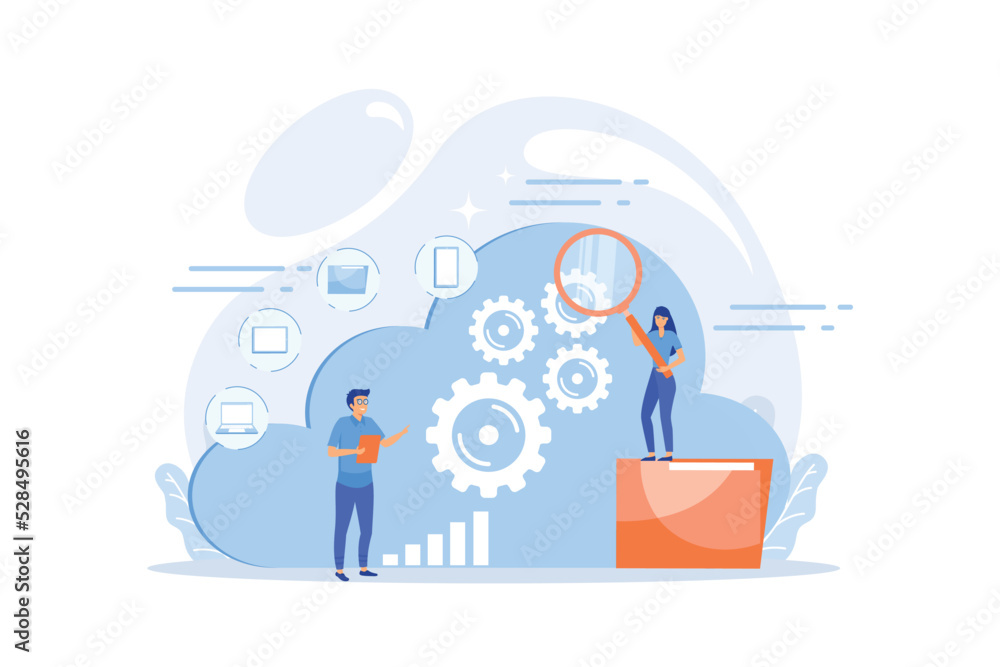 Poster two developers looking at the gears on the cloud. digital data storage, database securiry, data prot