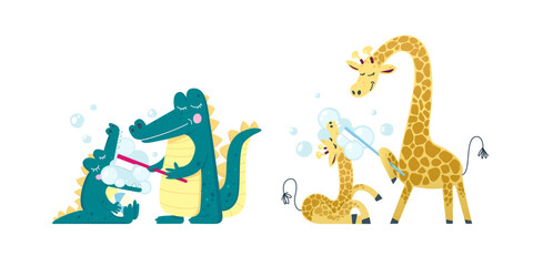 Cartoon style vector illustration of a parent crocodile brushing their child crocodile teeth with a pink toothbrush and lots of bubbles  and a parent giraffe brushing their child giraffe teeth with a  © Olga