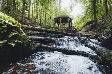 Hütte mit Wasser in der Karlstalschlucht im Pfälzerwald in Rheinland Pfalz 