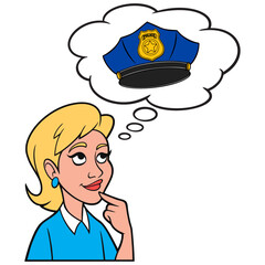 Girl thinking about a Police Hat - A cartoon illustration of a Girl thinking about a career as a Police officer.