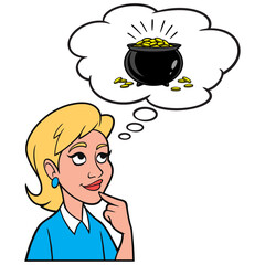 Girl thinking about a Pot of Gold - A cartoon illustration of a Girl thinking about a huge pot of Gold.