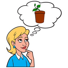 Girl thinking about a Potted Plant - A cartoon illustration of a Girl thinking about a Potted Plant for her garden.