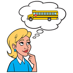 Girl thinking about a School Bus - A cartoon illustration of a Girl thinking about a School Bus.