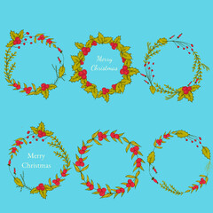 Round Christmas botanical frames for text. Christmas wreaths of plants and branches set, copy space, hand drawn vector,  stickers