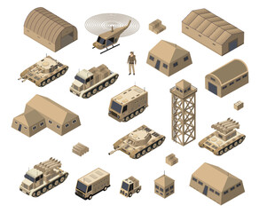 Set of army armed troop isometric armed military transport objects