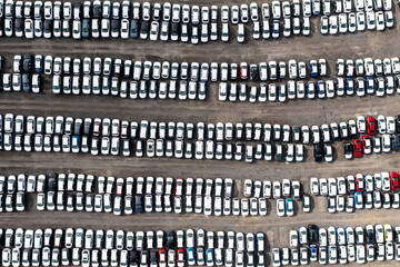 Aerial view directly above rows of new and imported cars