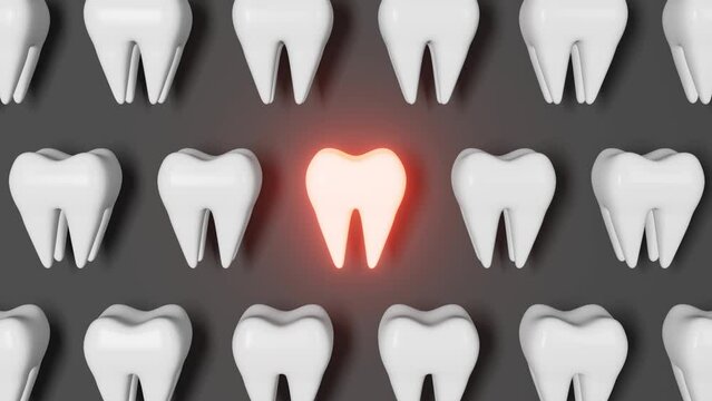 Toothache 3D loop seamless animation on grey background. White healthy teeth pattern molar tooth with pain National Dentist's Day Wisdom teeth extraction Oral care recovery. Dental Insurance Dentistry