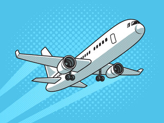 taking off passenger plane pop art retro raster illustration. Comic book style imitation.