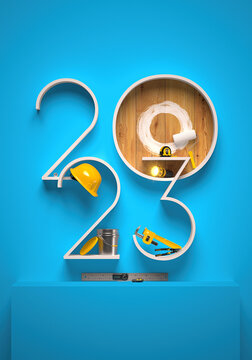 Creative 2023 New Year design template on engineering, construction and maintenance theme. 3d render illustration for a greeting card, calendar or banner.
