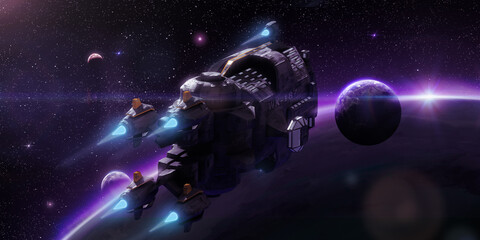 Spaceship sailing through outer space. Colonization of the cosmos. Space shuttle. 3d illustration