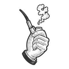 hand with smoking pipe sketch engraving raster illustration. Scratch board imitation. Black and white hand drawn image.