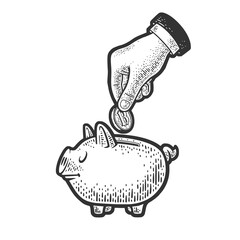 hand throwing bitcoin coin into piggy bank sketch engraving raster illustration. Scratch board imitation. Black and white hand drawn image. © Oleksandr Pokusai