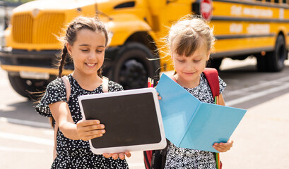 Happy life. Happy smiling friends. Have fun. Happy kids relaxing outdoors. Joyful friends. Sisterhood and friendship. Cheerful schoolgirls on sunny day.